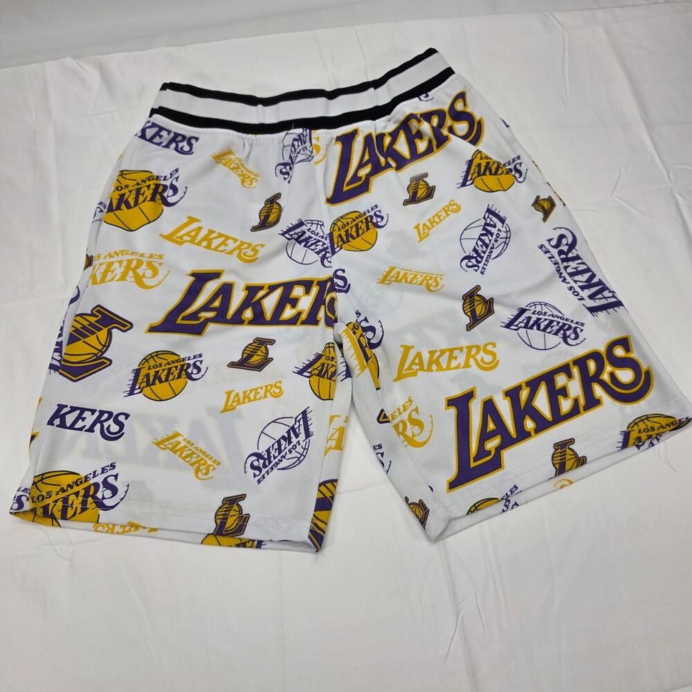 NBA Los Angeles Lakers Youth Large 14-16 Mesh Shorts White All Over Logo Print